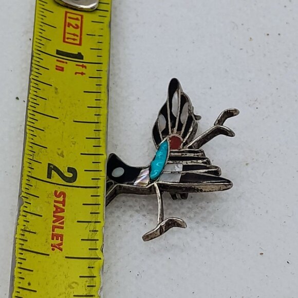 Vtg Zuni Inlay Roadrunner Brooch Pin Silver Onyx Turquoise Coral Mother O Pearl - Picture 3 of 5
